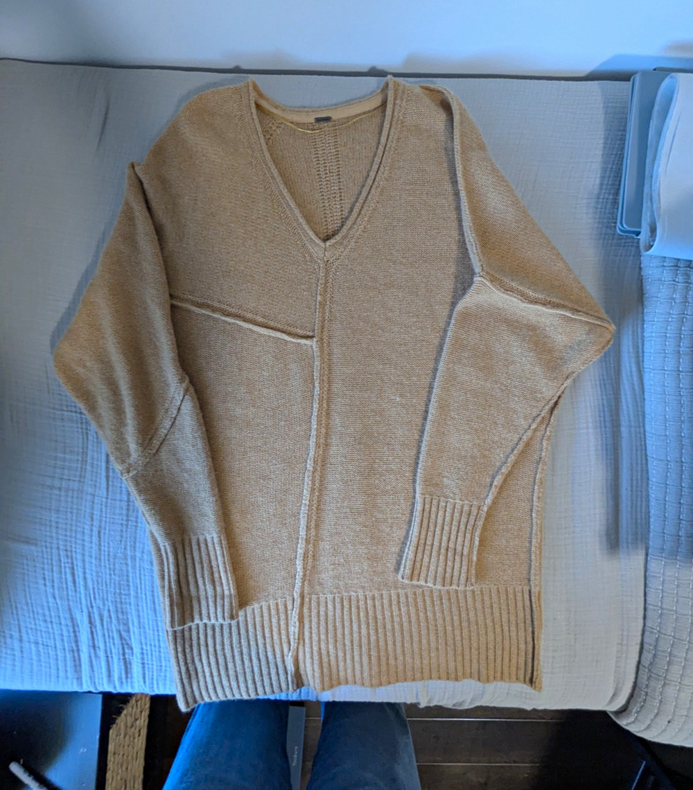 Free People 100% Cashmere Oversized V Neck Tunic Sweater Beige Exposed Seam L